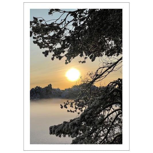 Magisk vinterdag ved Skranevatnet med frostrøyk i lav desembersol. Motivet fås som plakat og på lerret. Plakat har en hvit kant rundt som gir dybde og fremhever motivet.