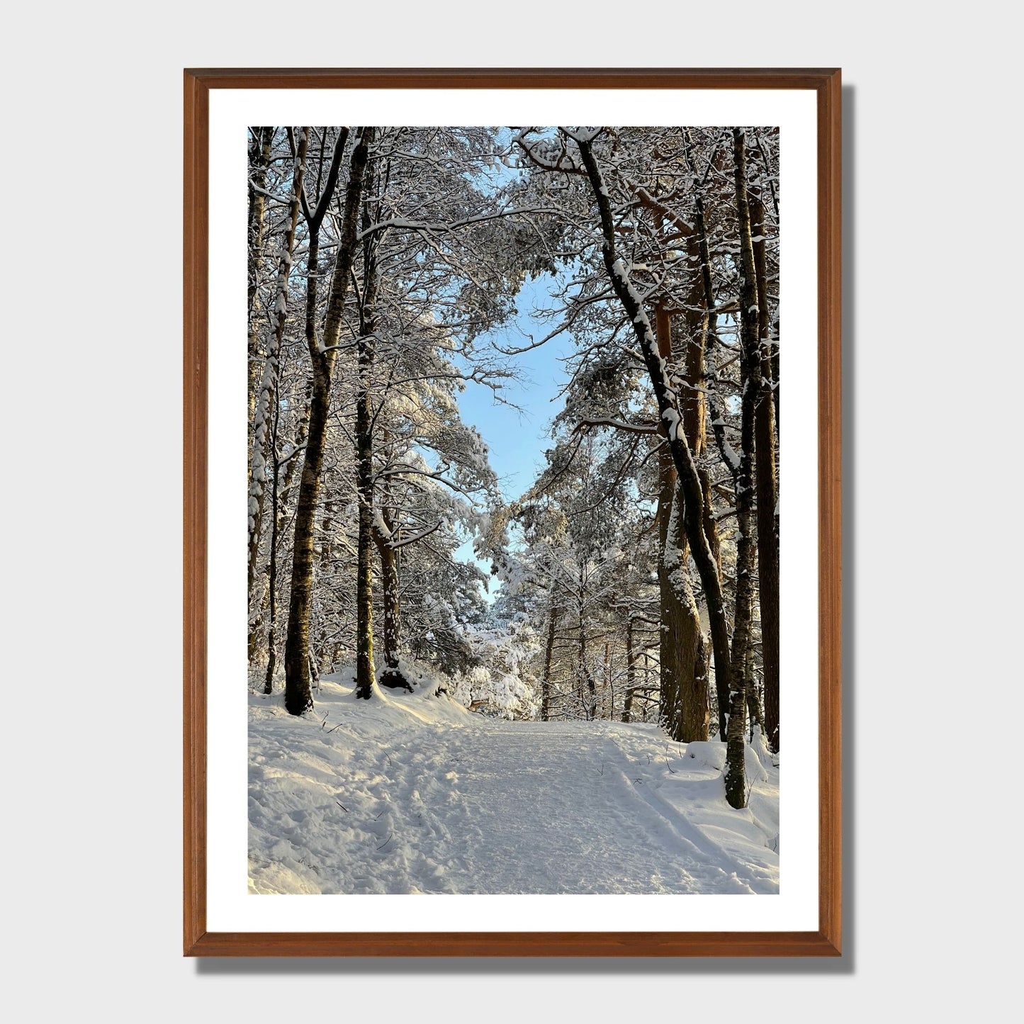 Magisk vinterdag ved Skranevatnet med lav desembersol. Illustrasjon viser plakat i eikeramme.