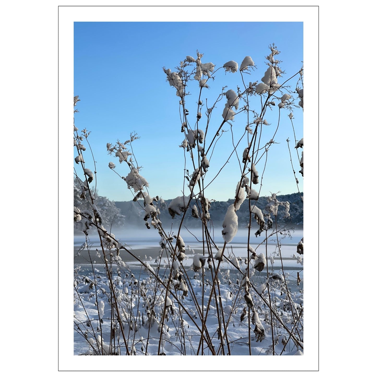 Magisk vinterdag ved Skranevatnet med desembersol og frostrøyk på isen. Motivet fås som plakat og på lerret. Plakat har en hvit kant rundt som gir dybde og fremhever motivet.