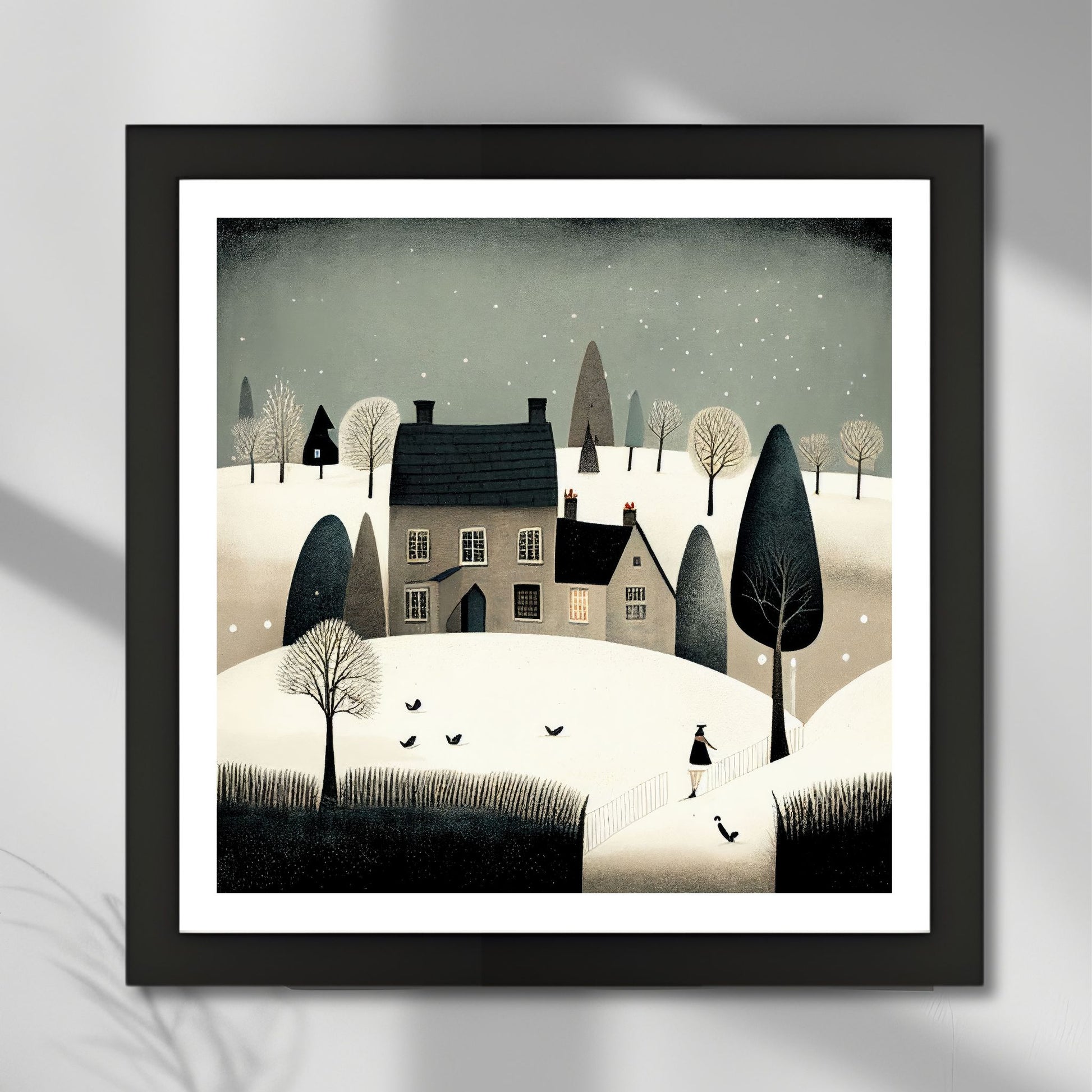 Denne vakre illustrasjonen av snødekt landsby og stille vinterlandskap bringer frem en følelse av fred og nostalgisk vinterstemning. Illustrasjonsfoto viser plakat i sort ramme.