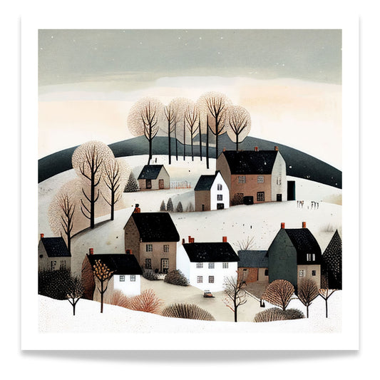 Denne vakre illustrasjonen av snødekt landsby og stille vinterlandskap bringer frem en følelse av fred og nostalgisk vinterstemning.  