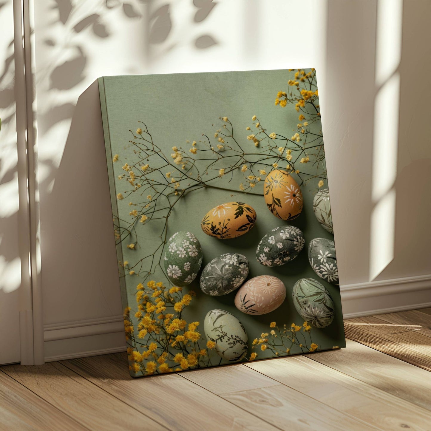 Dette elegante motivet viser vakkert dekorerte påskeegg i delikate grønn- og jordtoner, omkranset av tørkede blomster for et harmonisk og rustikt uttrykk. Illustrasjon viser motiv på lerret.