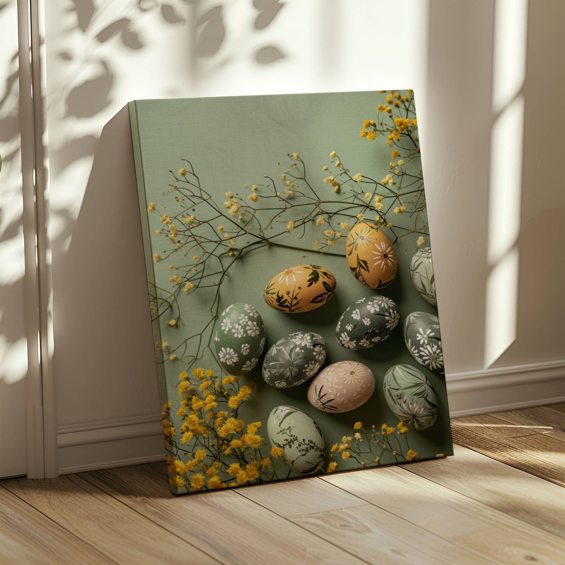 Dette elegante motivet viser vakkert dekorerte påskeegg i delikate grønn- og jordtoner, omkranset av tørkede blomster for et harmonisk og rustikt uttrykk. Illustrasjon viser motiv på lerret.