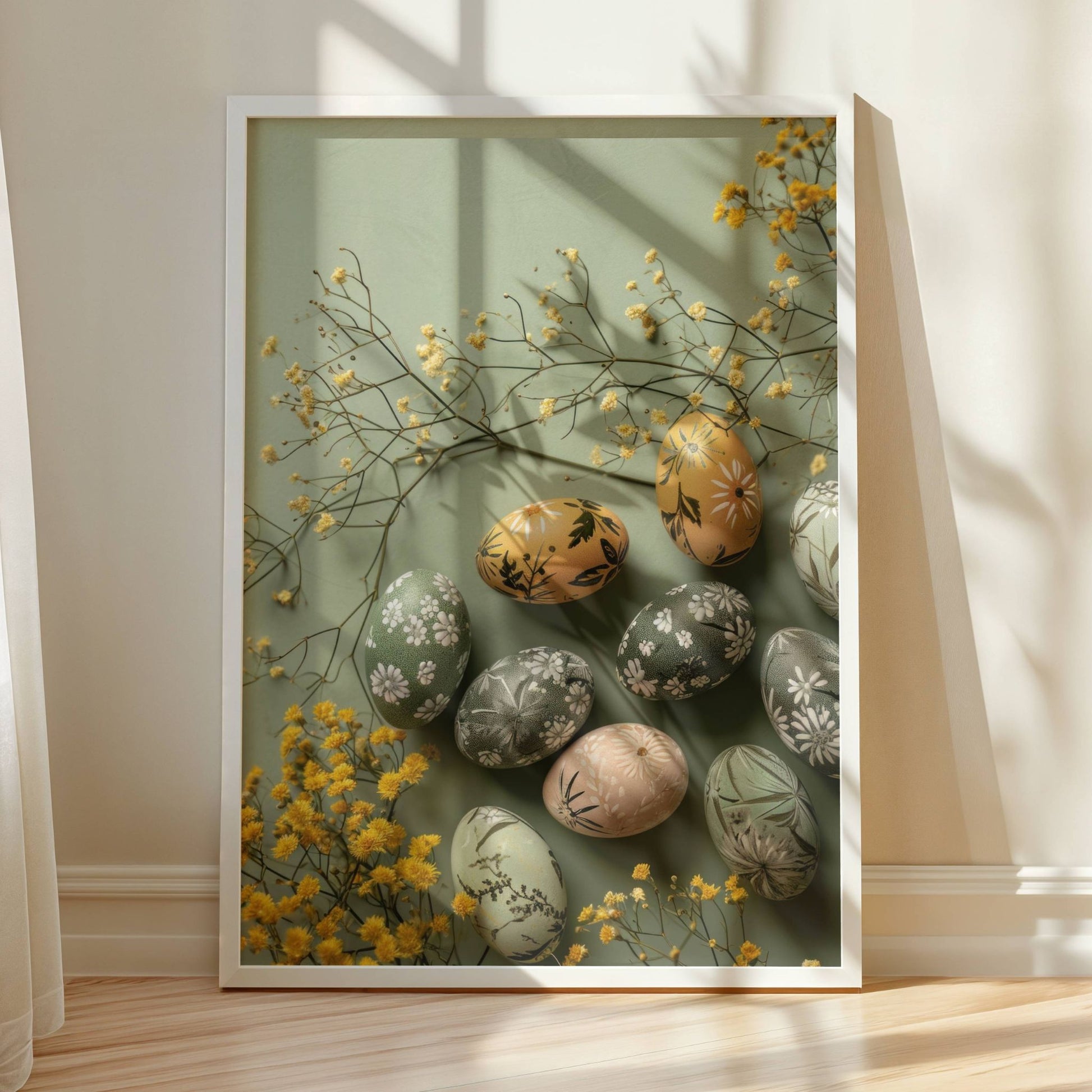 Dette elegante motivet viser vakkert dekorerte påskeegg i delikate grønn- og jordtoner, omkranset av tørkede blomster for et harmonisk og rustikt uttrykk. Illustrasjon viser motiv som plakat, uten hvit kant i ramme.