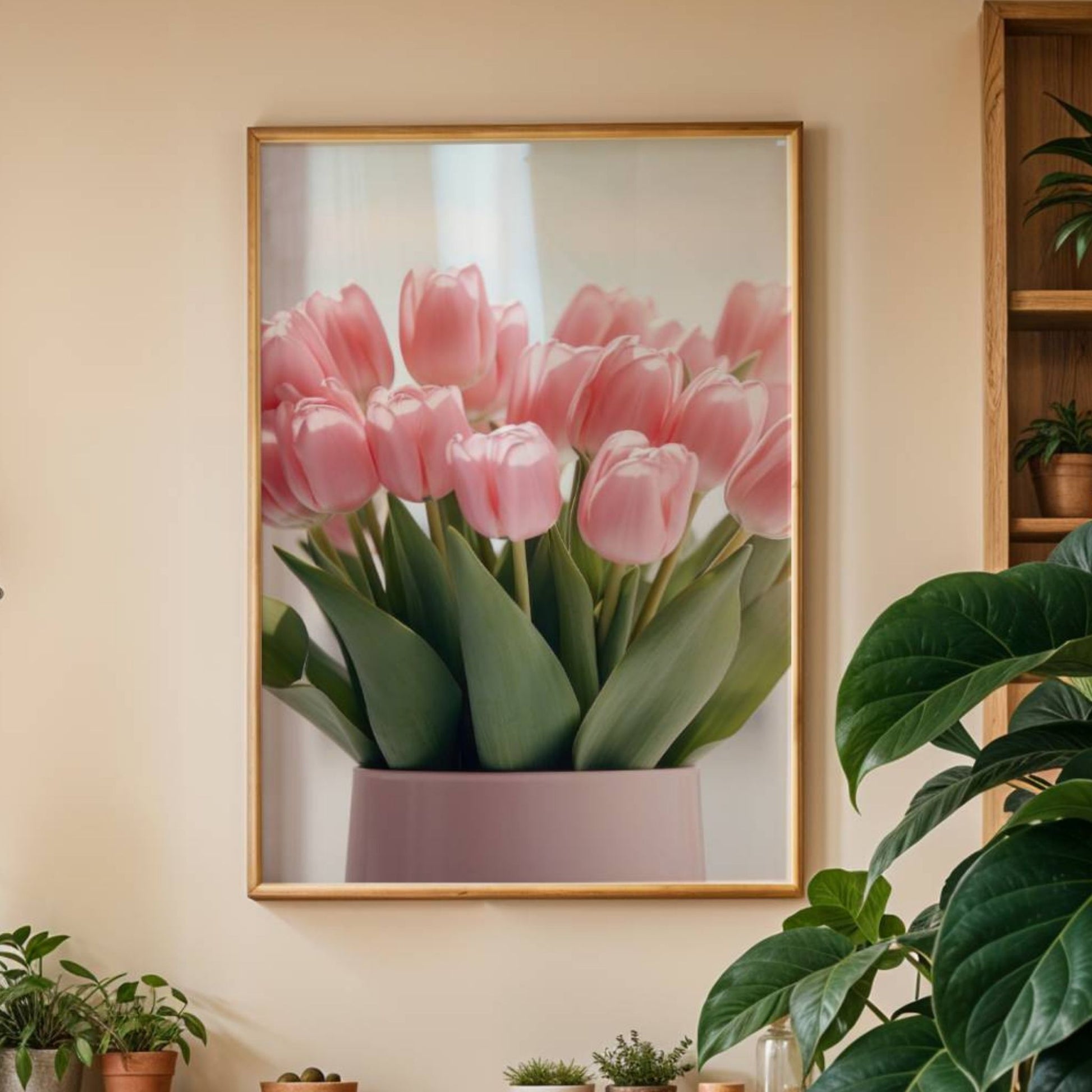  Dette vakre kunstverket fanger skjønnheten i delikate rosa tulipaner i en stilren vase. Illustrasjon viser plakat uten hvit kant i eik ramme.