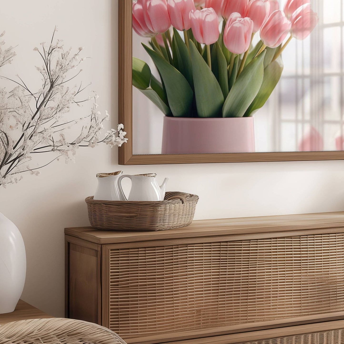 Dette vakre kunstverket fanger skjønnheten i delikate rosa tulipaner i en stilren vase. Illustrasjon viser plakat uten hvit kant i brun ramme.