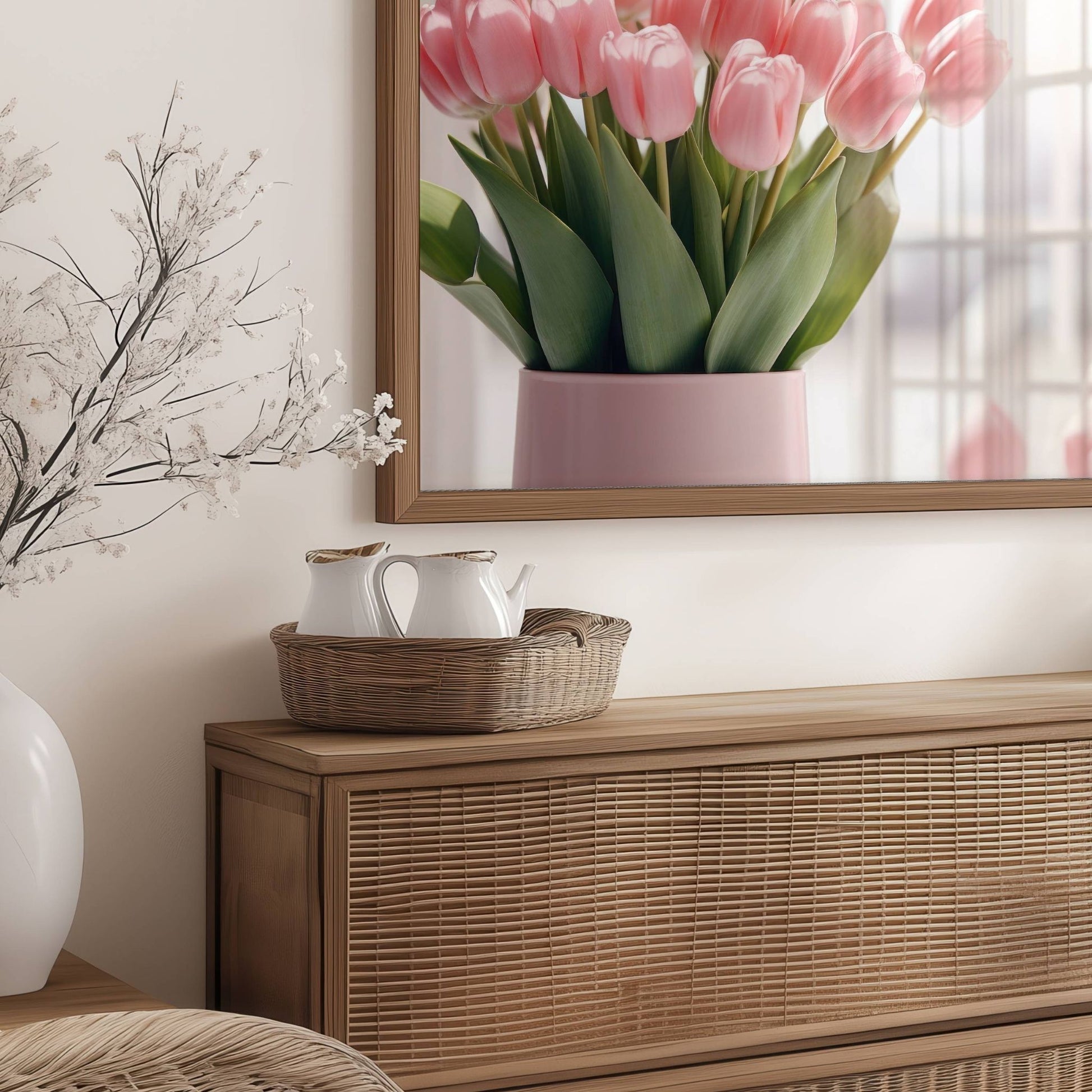 Dette vakre kunstverket fanger skjønnheten i delikate rosa tulipaner i en stilren vase. Illustrasjon viser plakat uten hvit kant i brun ramme.
