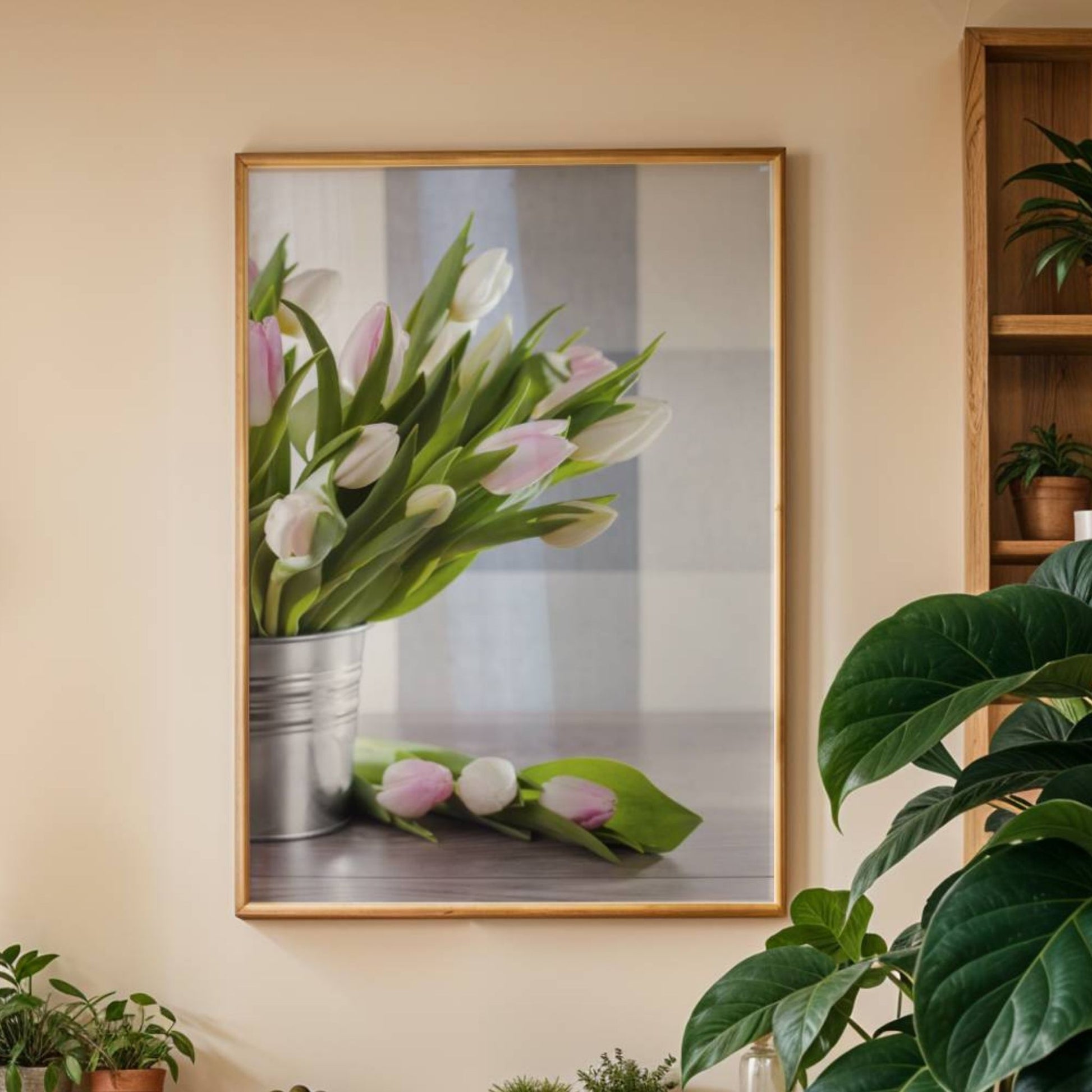 Skap en frisk og stemningsfull påskedekor med Vårens Tulipaner! Dette vakre kunstverket, fanger den myke skjønnheten i hvite og rosa tulipaner – et klassisk symbol på vår og påske. Illustrasjonen viser plakat uten kantlinje i eik ramme.