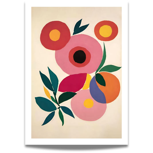 Dette moderne blomstertrykket kombinerer sterke, livlige farger med en leken og minimalistisk stil, perfekt for å skape et kunstnerisk blikkfang.