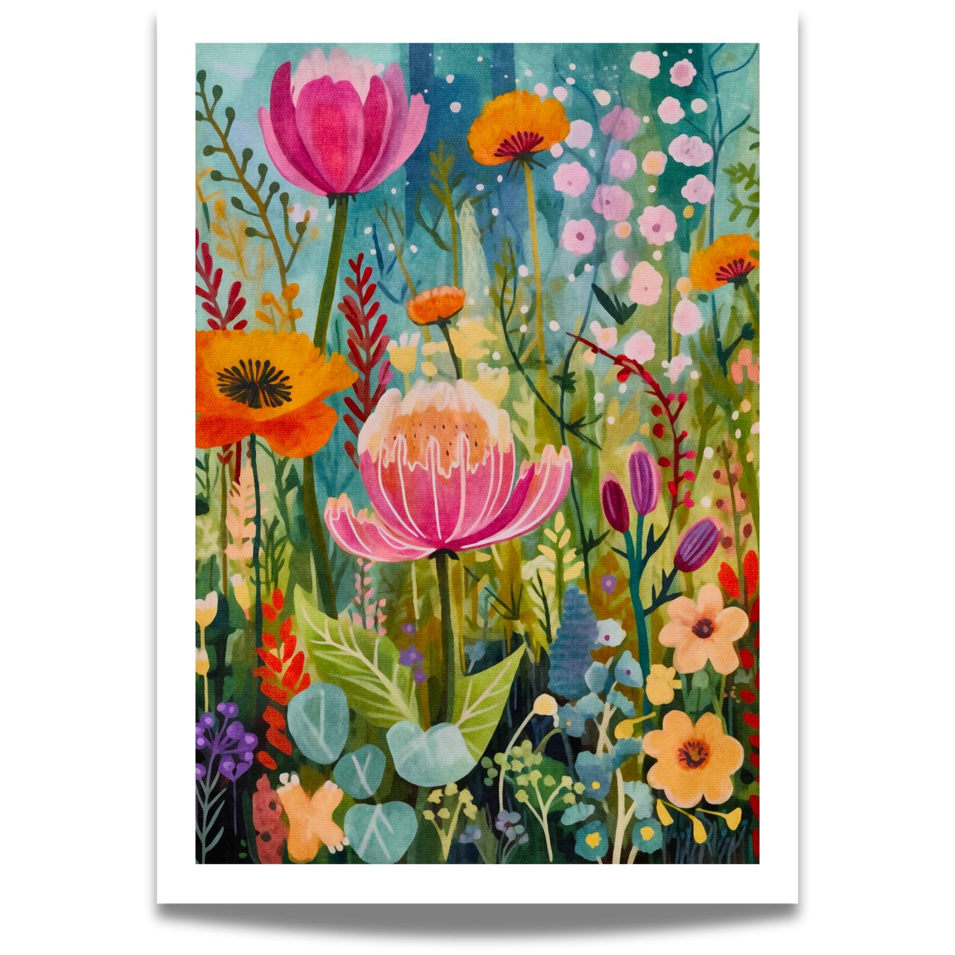En sprudlende plakat med oransje og rosa blomster i livlig bevegelse. 
