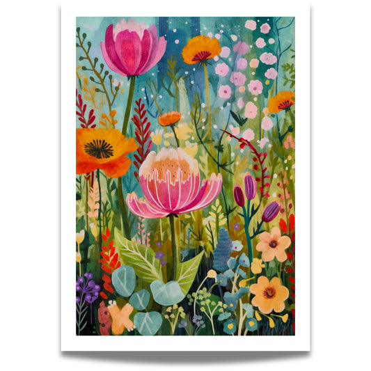 En sprudlende plakat med oransje og rosa blomster i livlig bevegelse. 