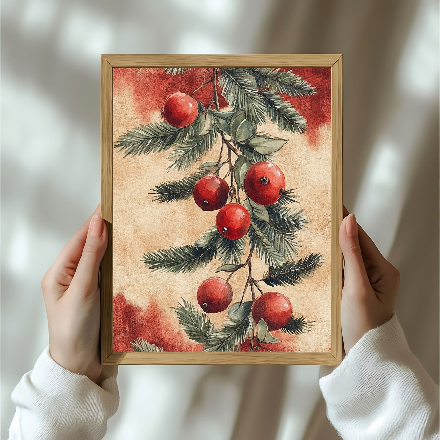 Skap en magisk og koselig julestemning med vår vakre Vintage Jul-plakat og lerret med blomsterdekorasjon og vinterlige detaljer. Illusttrasjon viser motivet som plakat i ramme.