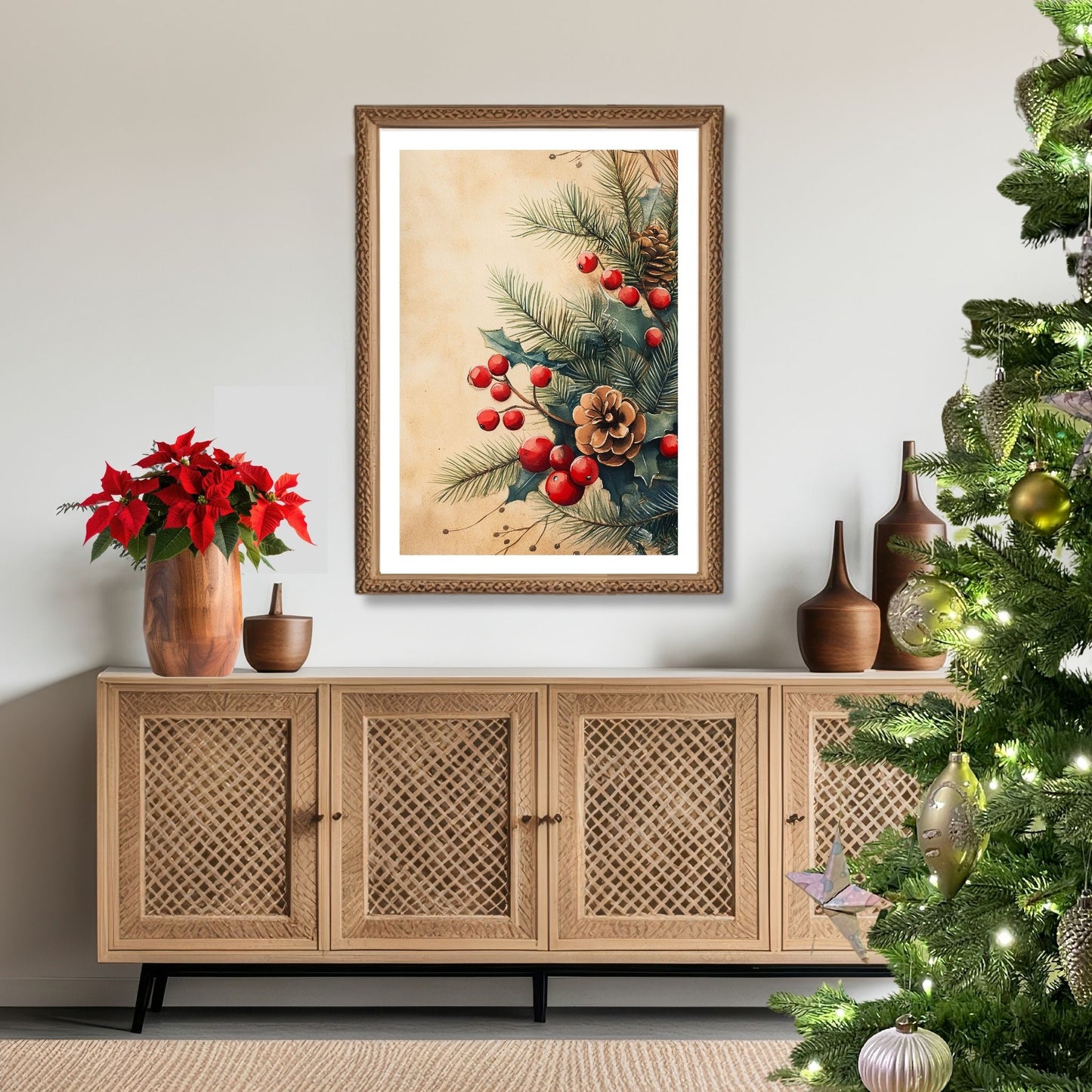 Skap en magisk og koselig julestemning med vår vakre Vintage Jul-plakat og lerret med blomsterdekorasjon og vinterlige detaljer. Illusttrasjon viser motivet som plakat med hvit kant i ramme.