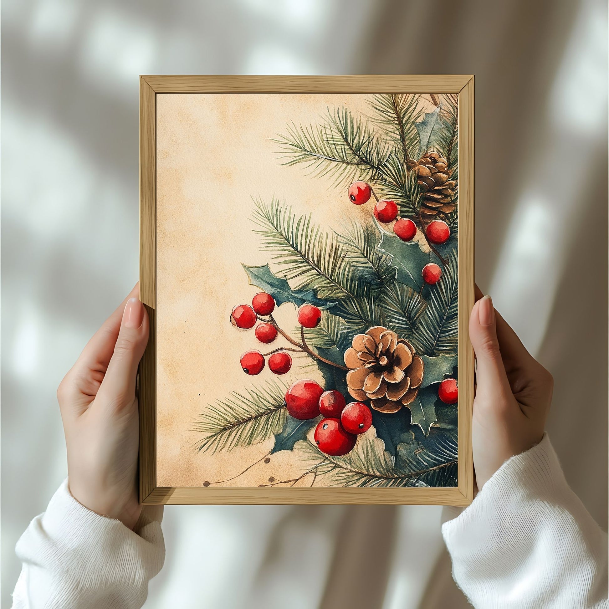 Skap en magisk og koselig julestemning med vår vakre Vintage Jul-plakat og lerret med blomsterdekorasjon og vinterlige detaljer. Illusttrasjon viser motivet som plakat i ramme.