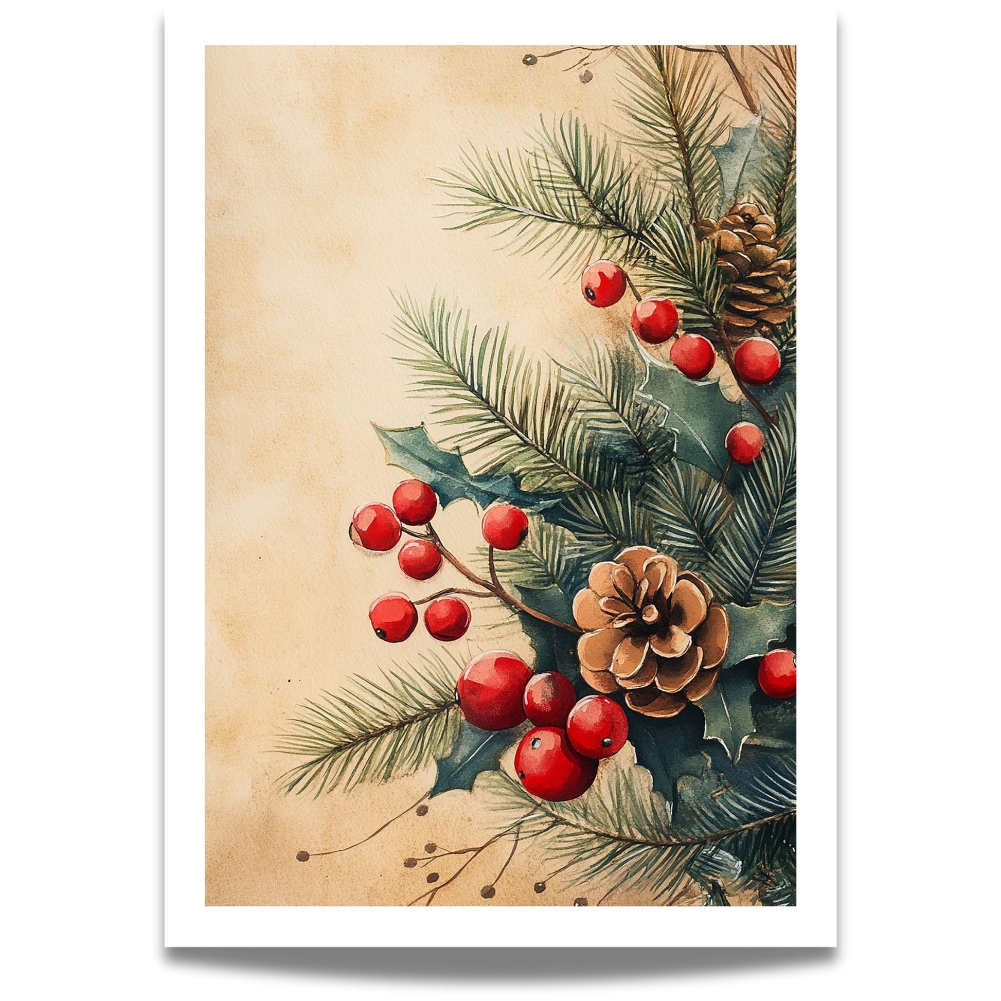 Skap en magisk og koselig julestemning med vår vakre Vintage Jul-plakat og lerret med blomsterdekorasjon og vinterlige detaljer. 