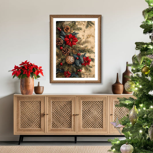 Skap en magisk og koselig julestemning med vår vakre Vintage Jul-plakat og lerret med blomsterdekorasjon og vinterlige detaljer. Illusttrasjon viser motivet som plakat med hvit kant i ramme.