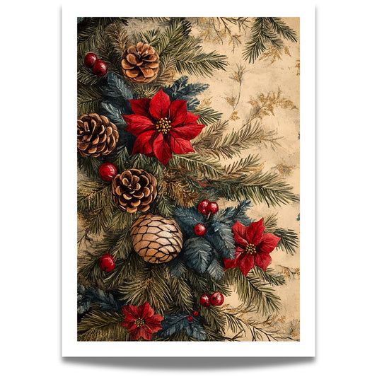 Skap en magisk og koselig julestemning med vår vakre Vintage Jul-plakat og lerret med blomsterdekorasjon og vinterlige detaljer. 