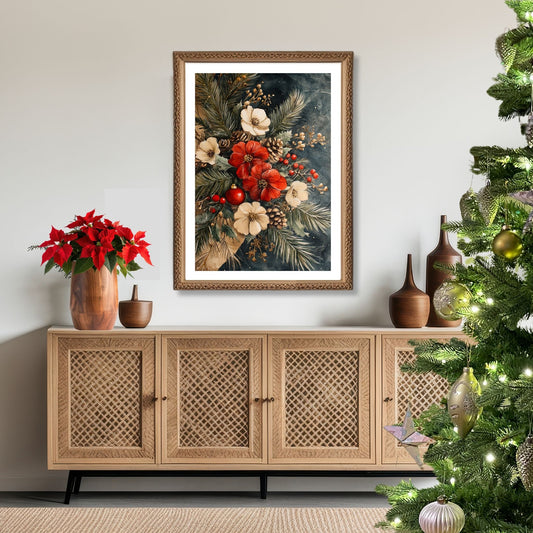 Skap en magisk og koselig julestemning med vår vakre Vintage Jul-plakat og lerret med blomsterdekorasjon og vinterlige detaljer. Illusttrasjon viser motivet som plakat med hvit kant i ramme.
