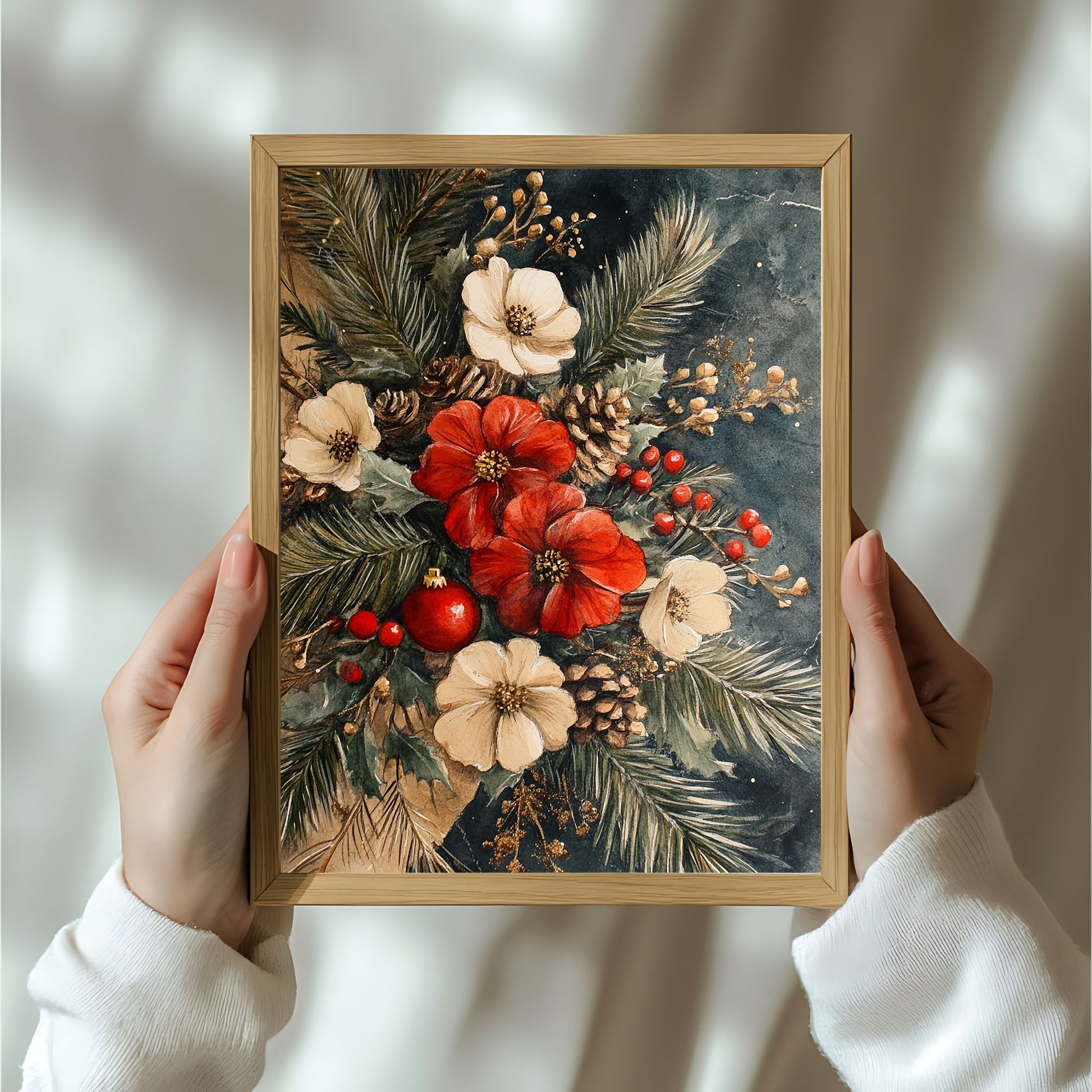 Skap en magisk og koselig julestemning med vår vakre Vintage Jul-plakat og lerret med blomsterdekorasjon og vinterlige detaljer. Illusttrasjon viser motivet som plakat i ramme.