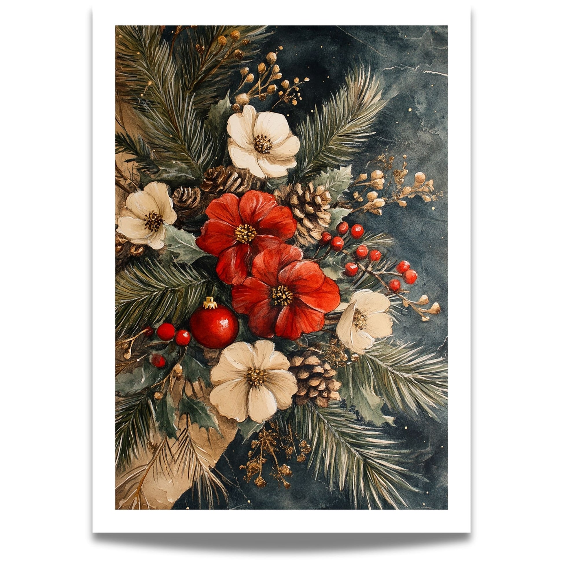 Skap en magisk og koselig julestemning med vår vakre Vintage Jul-plakat og lerret med blomsterdekorasjon og vinterlige detaljer.