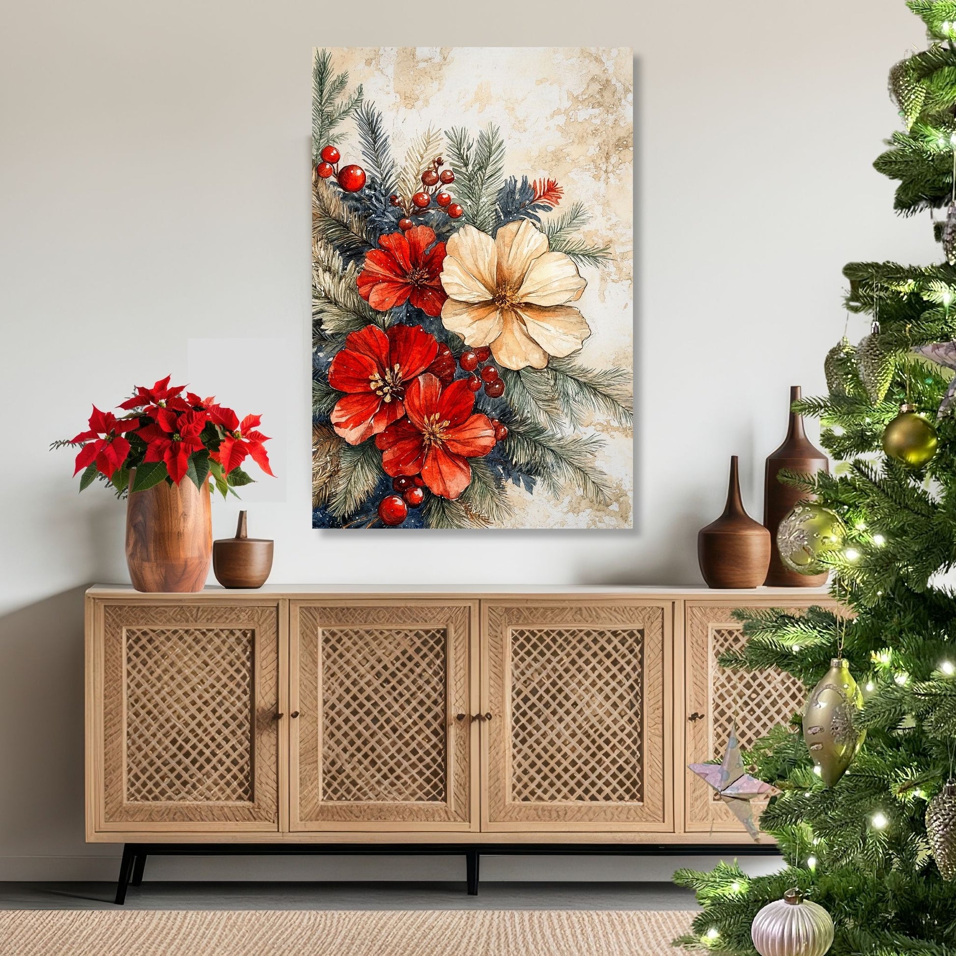Skap en magisk og koselig julestemning med vår vakre Vintage Jul-plakat og lerret med blomsterdekorasjon og vinterlige detaljer. Illusttrasjon viser motivet på lerret.