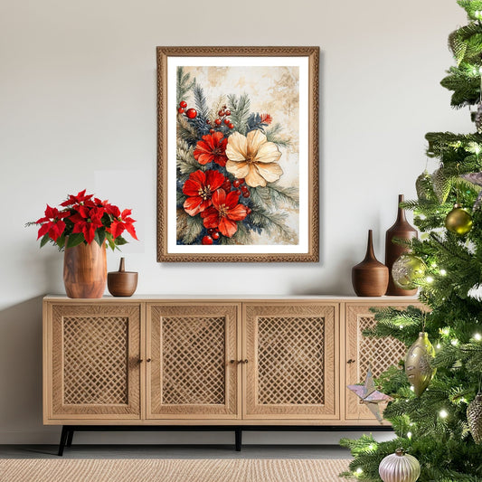 Skap en magisk og koselig julestemning med vår vakre Vintage Jul-plakat og lerret med blomsterdekorasjon og vinterlige detaljer. Illusttrasjon viser motivet som plakat med hvit kant i ramme.