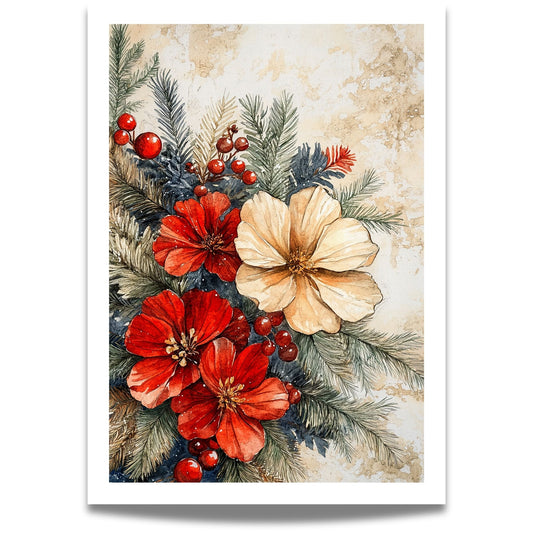 Skap en magisk og koselig julestemning med vår vakre Vintage Jul-plakat og lerret med blomsterdekorasjon og vinterlige detaljer.  