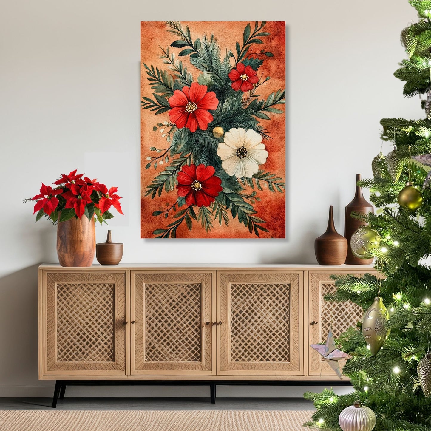 Skap en magisk og koselig julestemning med vår vakre Vintage Jul-plakat og lerret med blomsterdekorasjon og vinterlige detaljer. Illusttrasjon viser motivet på lerret.