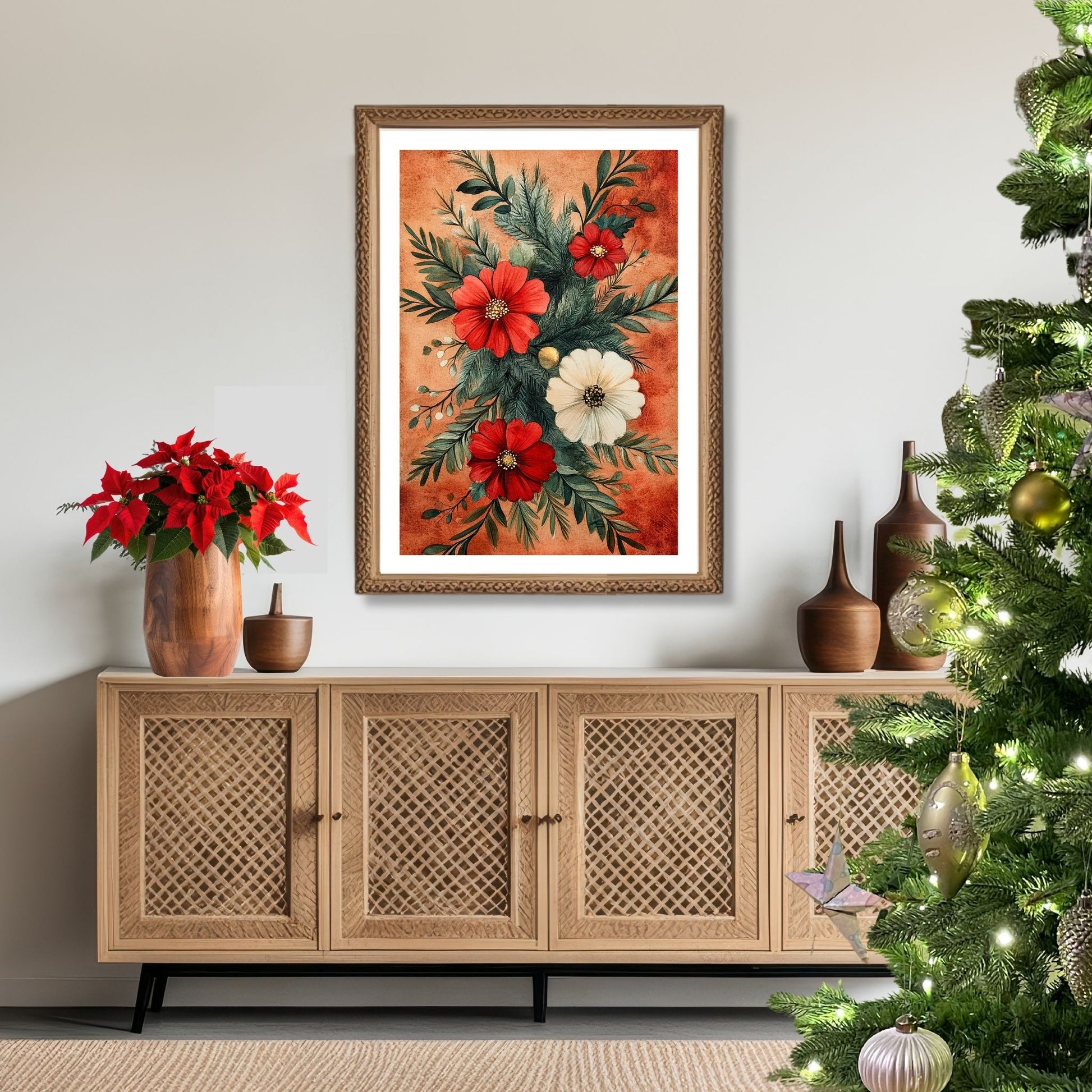 Skap en magisk og koselig julestemning med vår vakre Vintage Jul-plakat og lerret med blomsterdekorasjon og vinterlige detaljer. Illusttrasjon viser motivet som plakat med hvit kant i ramme.
