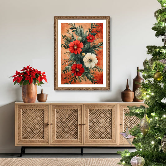 Skap en magisk og koselig julestemning med vår vakre Vintage Jul-plakat og lerret med blomsterdekorasjon og vinterlige detaljer. Illusttrasjon viser motivet som plakat med hvit kant i ramme.