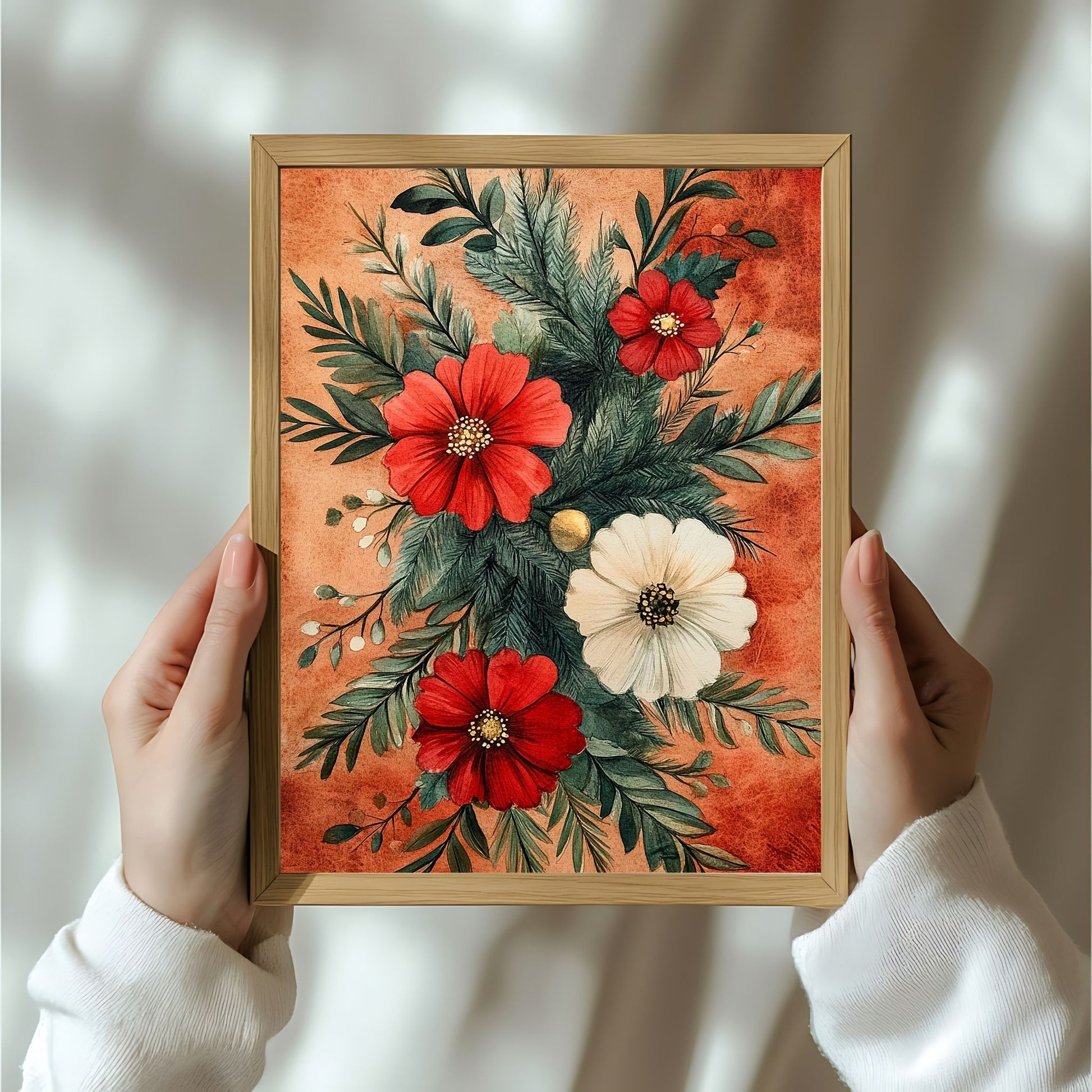Skap en magisk og koselig julestemning med vår vakre Vintage Jul-plakat og lerret med blomsterdekorasjon og vinterlige detaljer. Illusttrasjon viser motivet som plakat i ramme.