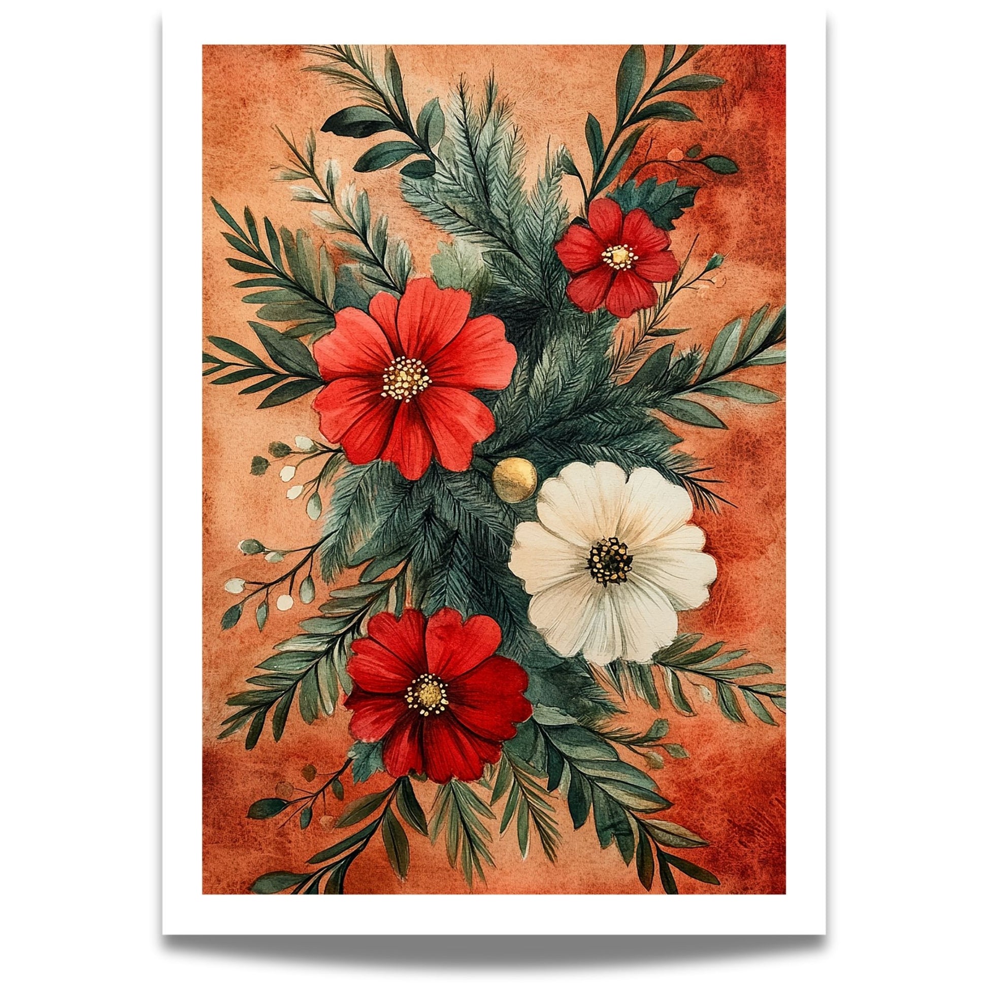 Skap en magisk og koselig julestemning med vår vakre Vintage Jul-plakat og lerret med blomsterdekorasjon og vinterlige detaljer.