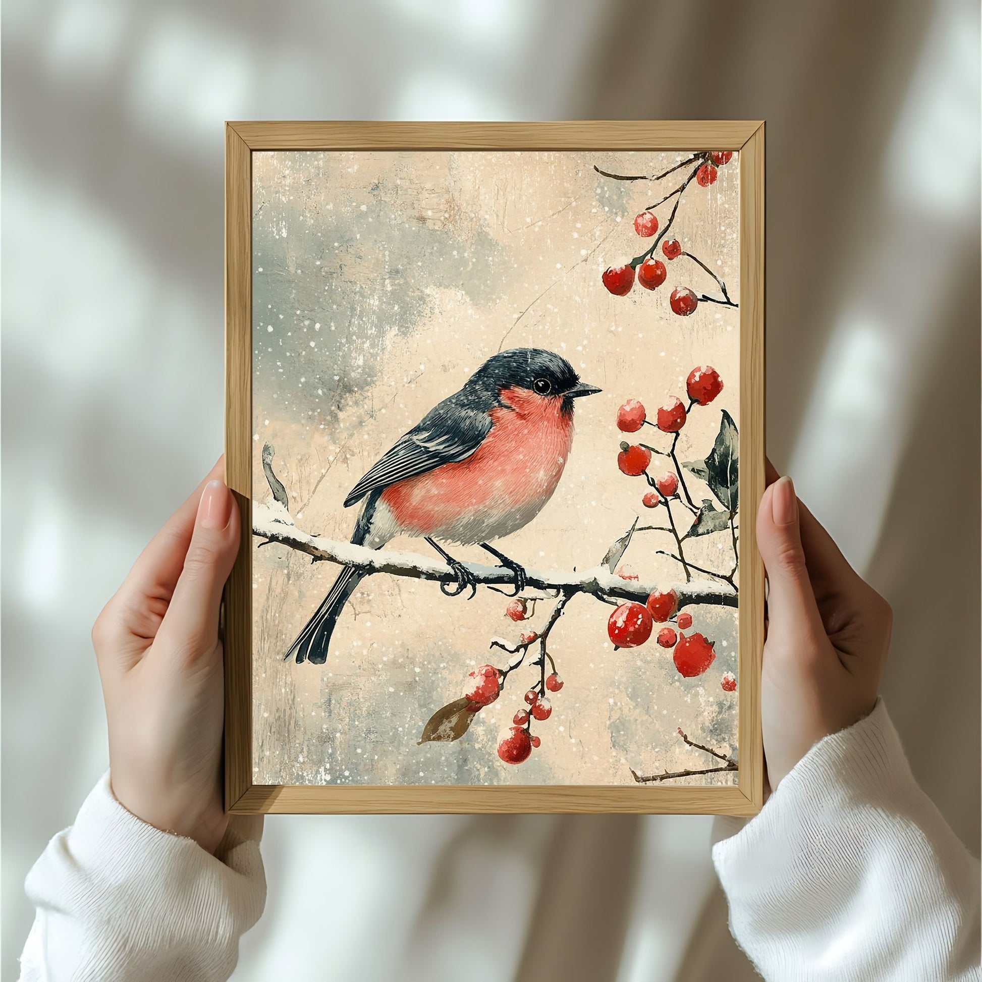 Fang essensen av julens ro og naturens skjønnhet med vår Vintage Jul-plakat og lerret med motiv av en dompap som sitter på en snødekt gren. Illustrasjon viser motivet som plakat i ramme.