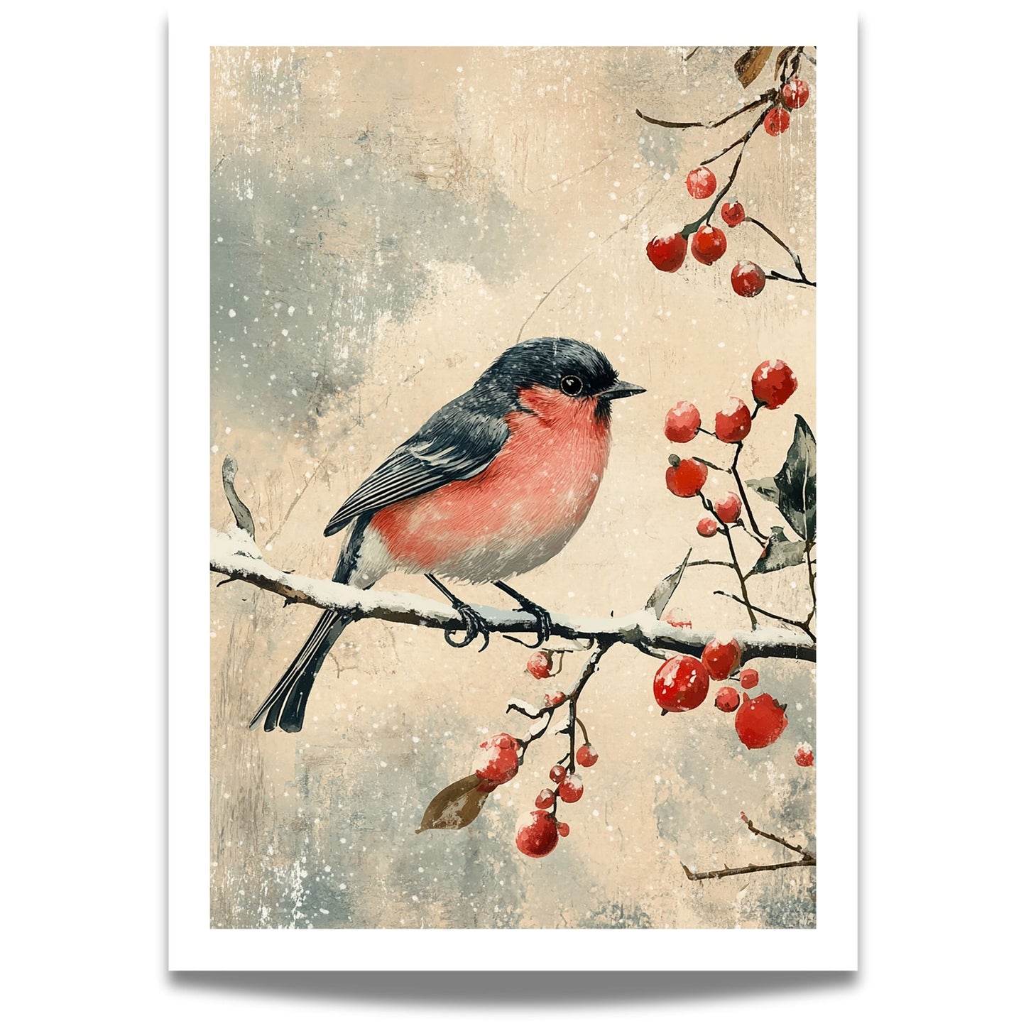 Fang essensen av julens ro og naturens skjønnhet med vår Vintage Jul-plakat og lerret med motiv av en dompap som sitter på en snødekt gren.