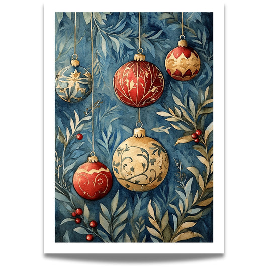 Motivene fra Vintage Jul kombinerer klassiske julekuler i rødt, gull og blått med delikate detaljer av vintergrener, kristtorn og snøfnugg. 