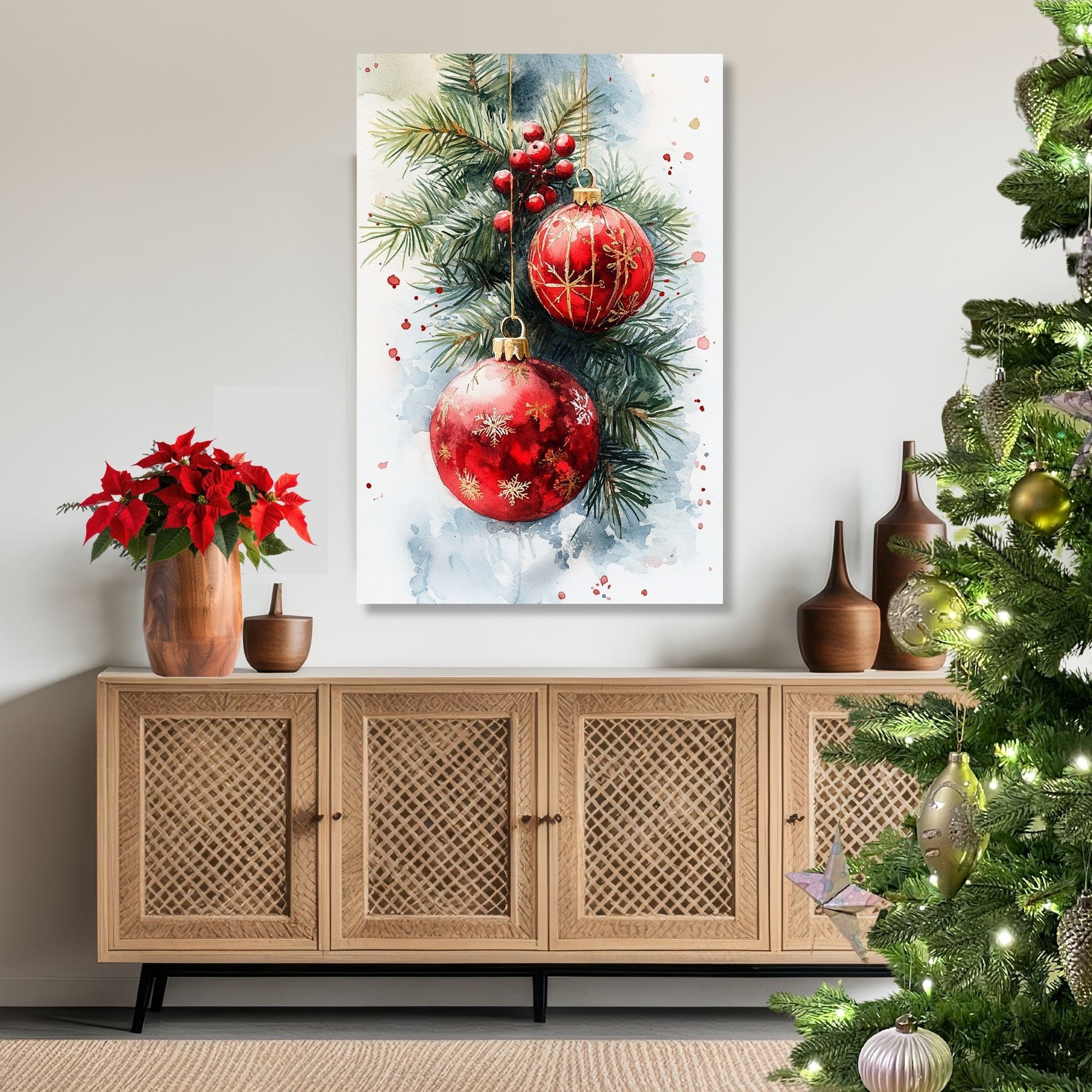 Motivene fra Vintage Jul kombinerer klassiske julekuler i rødt, gull og blått med delikate detaljer av vintergrener, kristtorn og snøfnugg. Illustrasjon viser motivet på lerret.