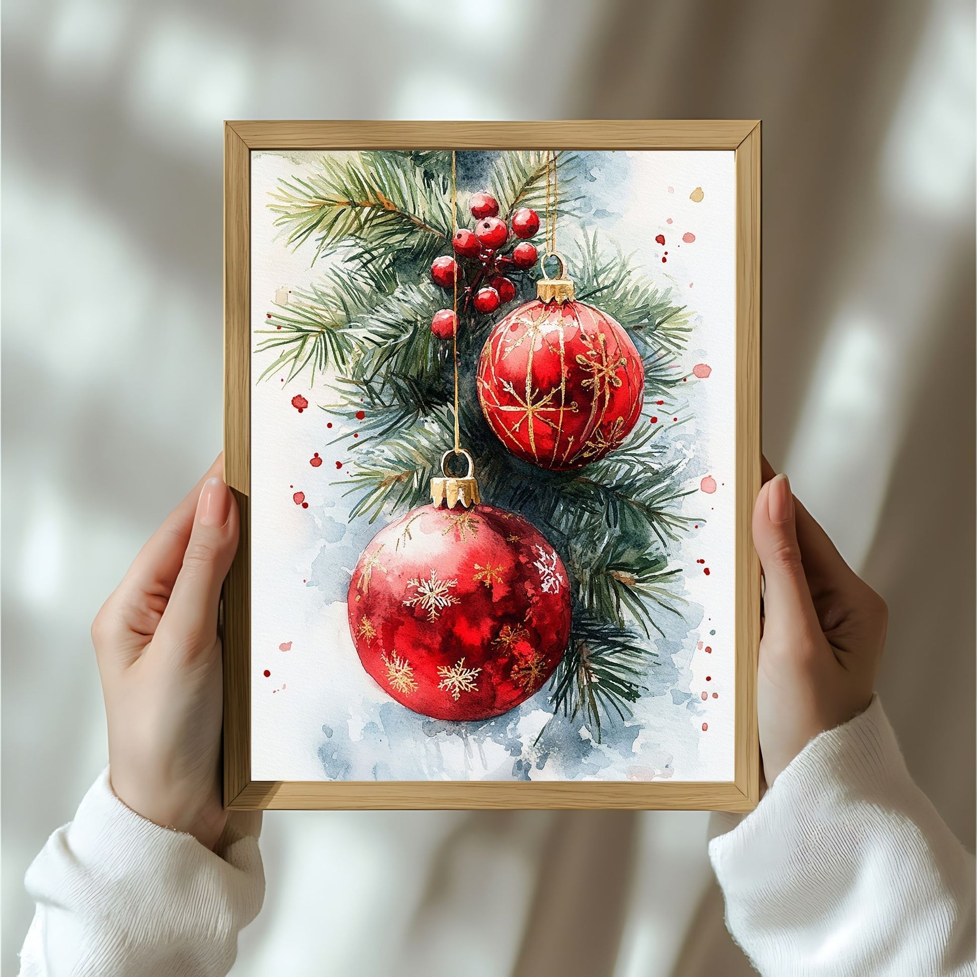 Motivene fra Vintage Jul kombinerer klassiske julekuler i rødt, gull og blått med delikate detaljer av vintergrener, kristtorn og snøfnugg. Illustrasjon viser motivet som plakat i ramme.