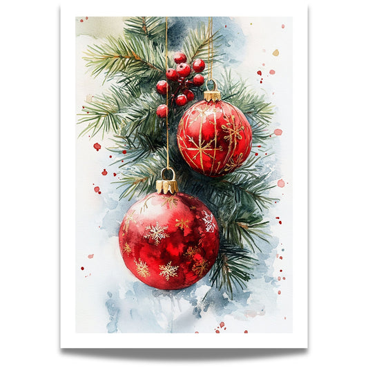 Motivene fra Vintage Jul kombinerer klassiske julekuler i rødt, gull og blått med delikate detaljer av vintergrener, kristtorn og snøfnugg.  
