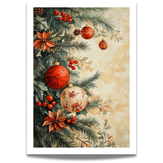 Motivene fra Vintage Jul kombinerer klassiske julekuler i rødt, gull og blått med delikate detaljer av vintergrener, kristtorn og snøfnugg.  