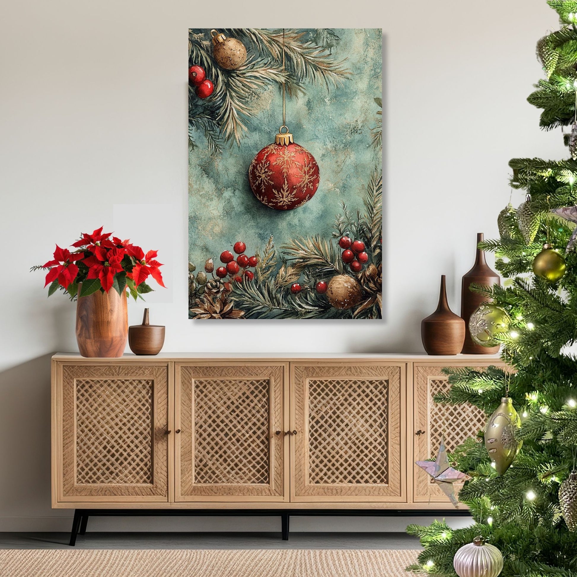 Motivene fra Vintage Jul kombinerer klassiske julekuler i rødt, gull og blått med delikate detaljer av vintergrener, kristtorn og snøfnugg. Illustrasjon viser motivet på lerret.