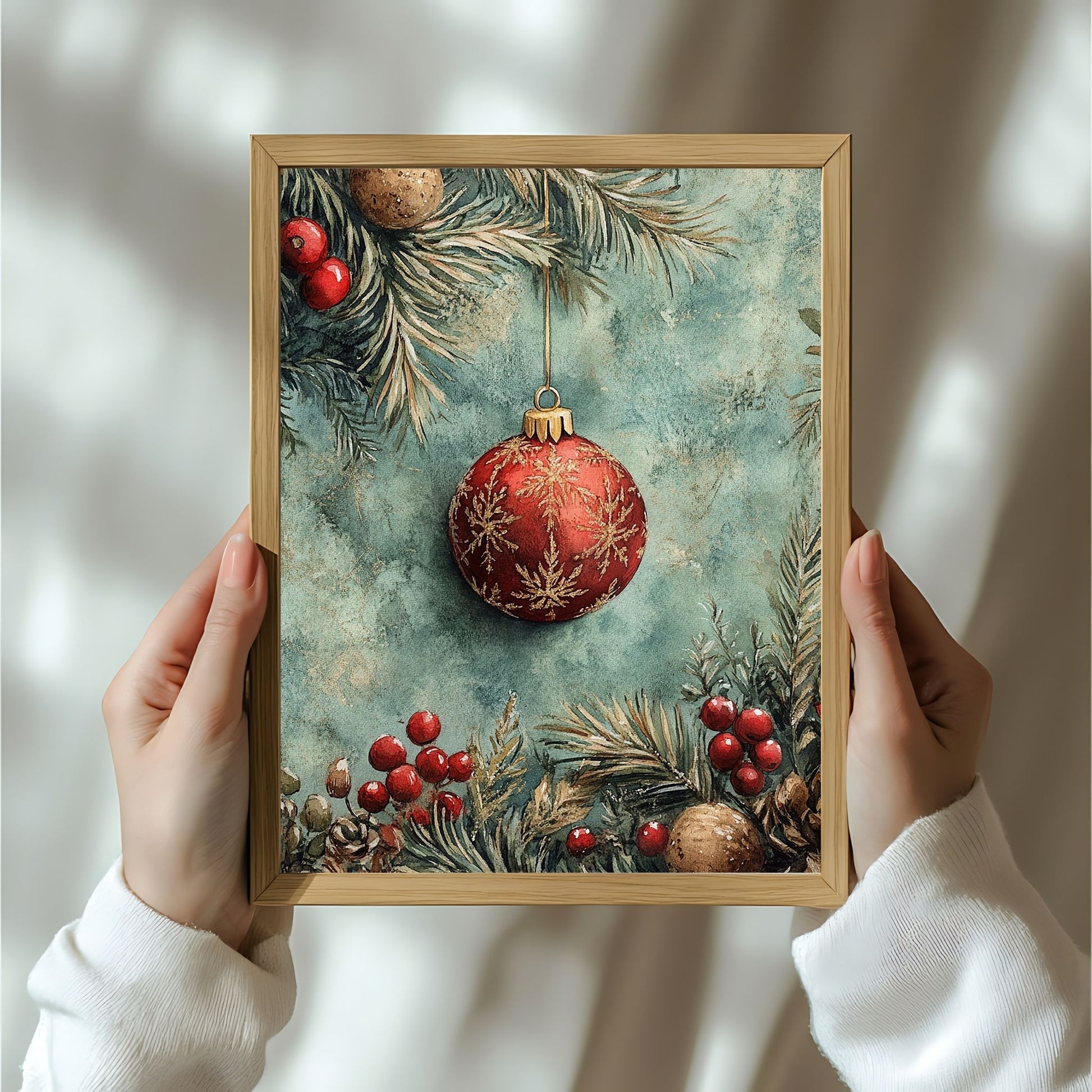 Motivene fra Vintage Jul kombinerer klassiske julekuler i rødt, gull og blått med delikate detaljer av vintergrener, kristtorn og snøfnugg. Illustrasjon viser motivet som plakat i ramme.
