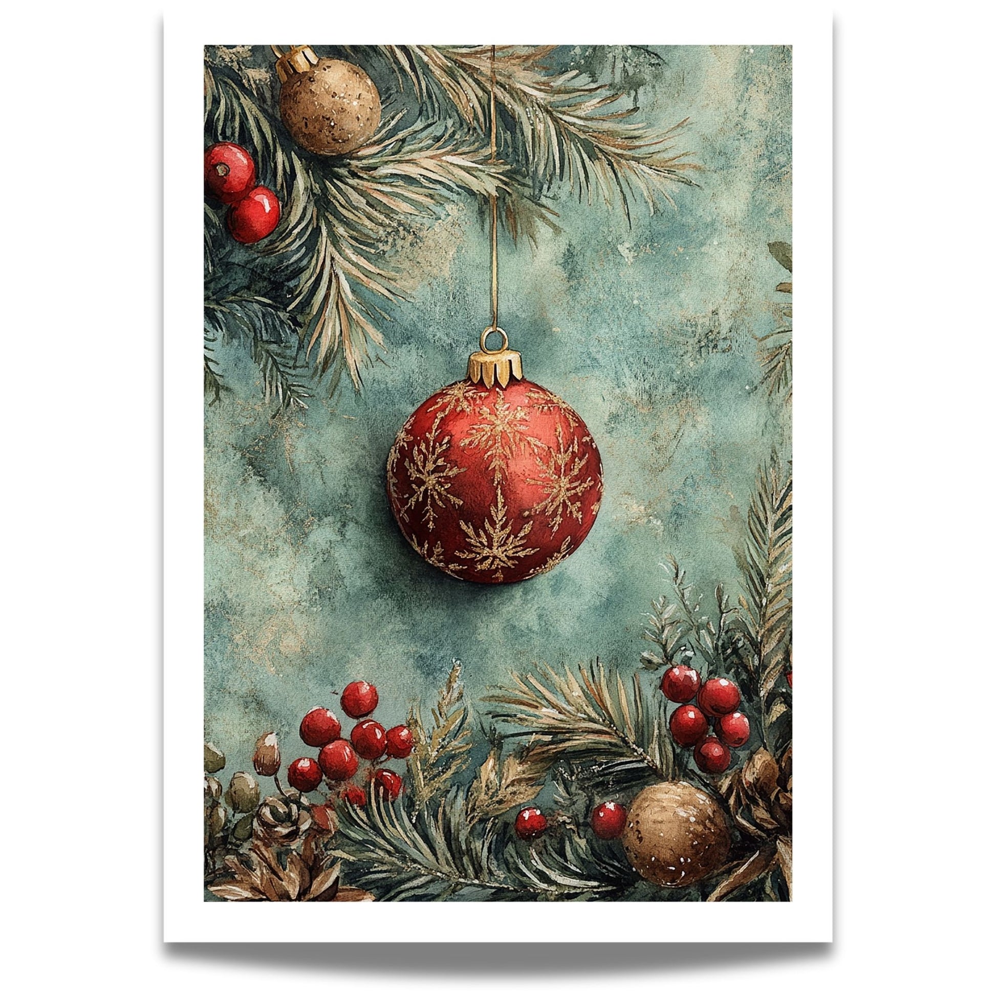 Motivene fra Vintage Jul kombinerer klassiske julekuler i rødt, gull og blått med delikate detaljer av vintergrener, kristtorn og snøfnugg.  