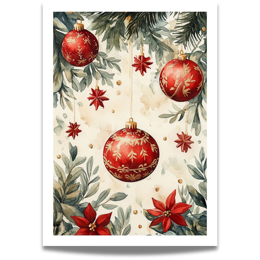 Motivene fra Vintage Jul kombinerer klassiske julekuler i rødt, gull og blått med delikate detaljer av vintergrener, kristtorn og snøfnugg. 