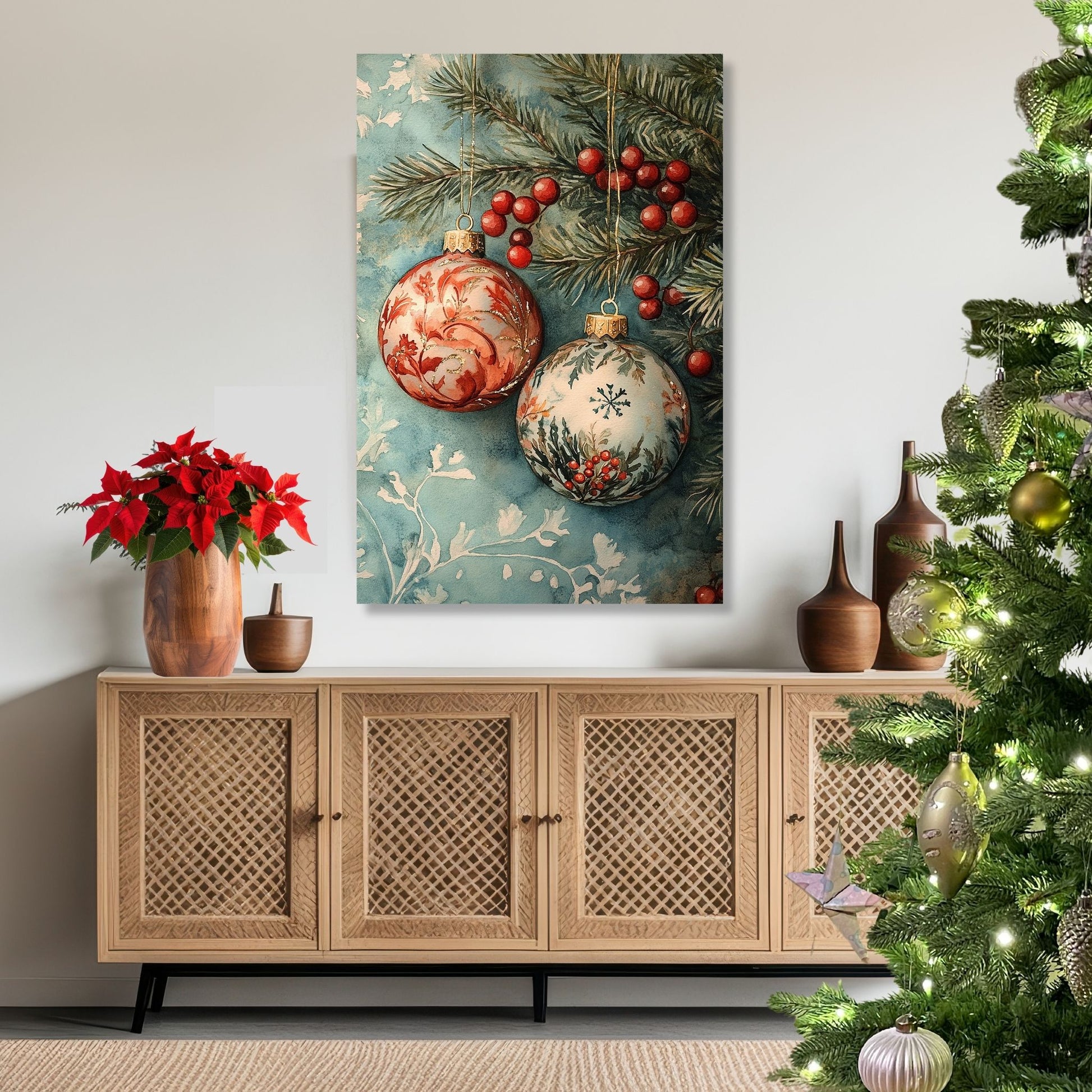 Motivene fra Vintage Jul kombinerer klassiske julekuler i rødt, gull og blått med delikate detaljer av vintergrener, kristtorn og snøfnugg. Illustrasjon viser motivet på lerret.