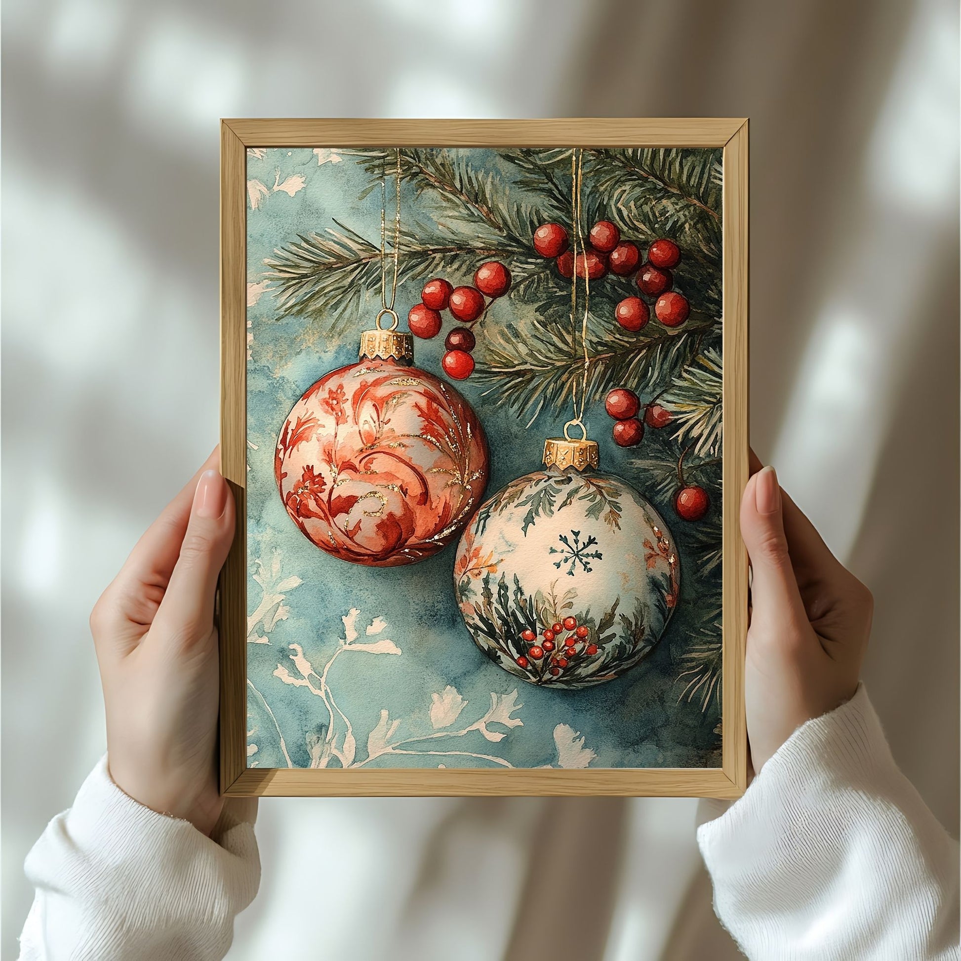 Motivene fra Vintage Jul kombinerer klassiske julekuler i rødt, gull og blått med delikate detaljer av vintergrener, kristtorn og snøfnugg. Illustrasjon viser motivet som plakat i ramme.