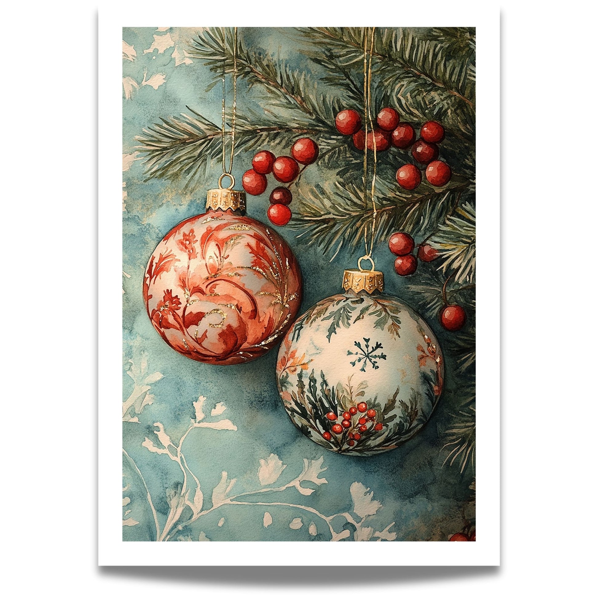 Motivene fra Vintage Jul kombinerer klassiske julekuler i rødt, gull og blått med delikate detaljer av vintergrener, kristtorn og snøfnugg.