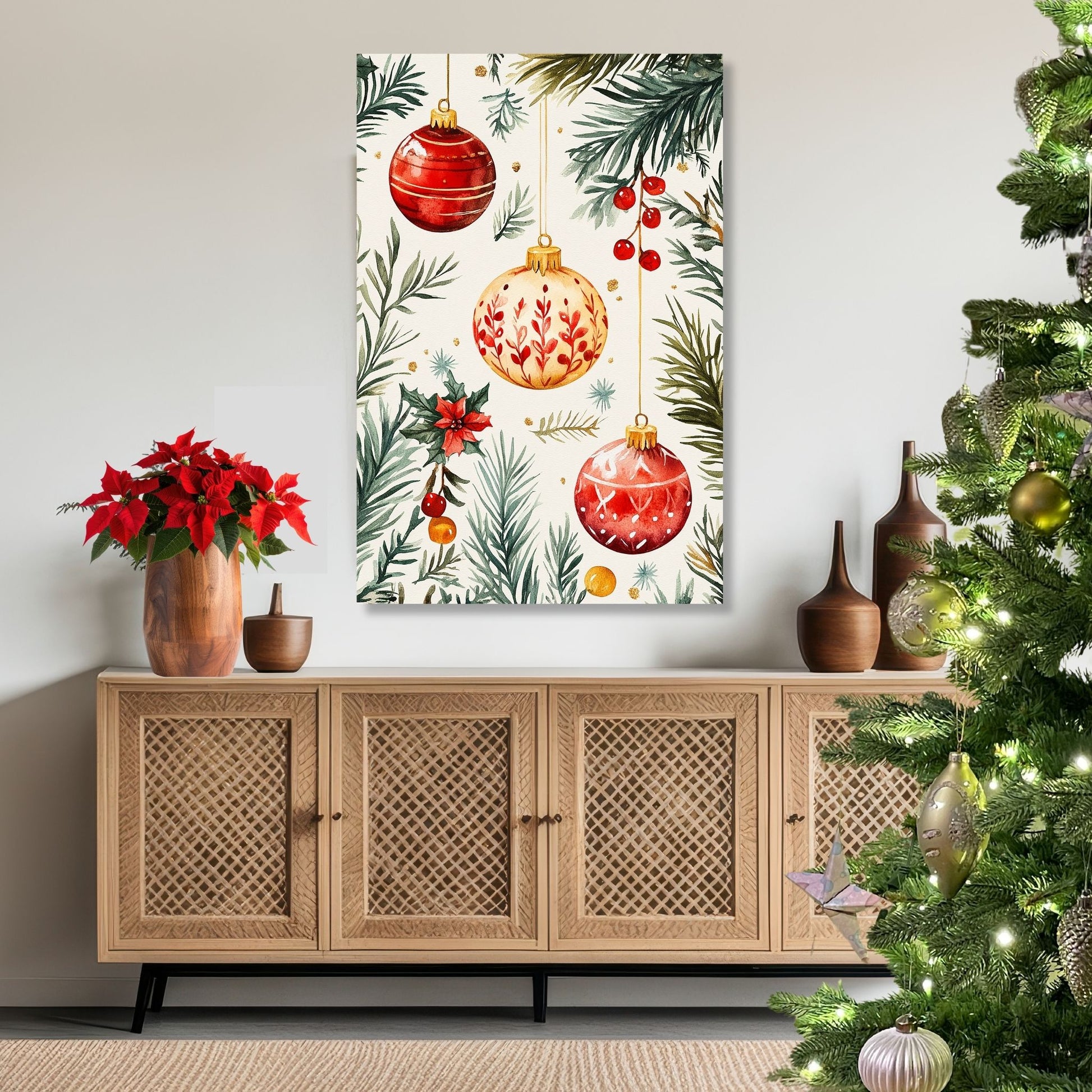 Motivene fra Vintage Jul kombinerer klassiske julekuler i rødt, gull og blått med delikate detaljer av vintergrener, kristtorn og snøfnugg. Illustrasjon viser motivet på lerret.