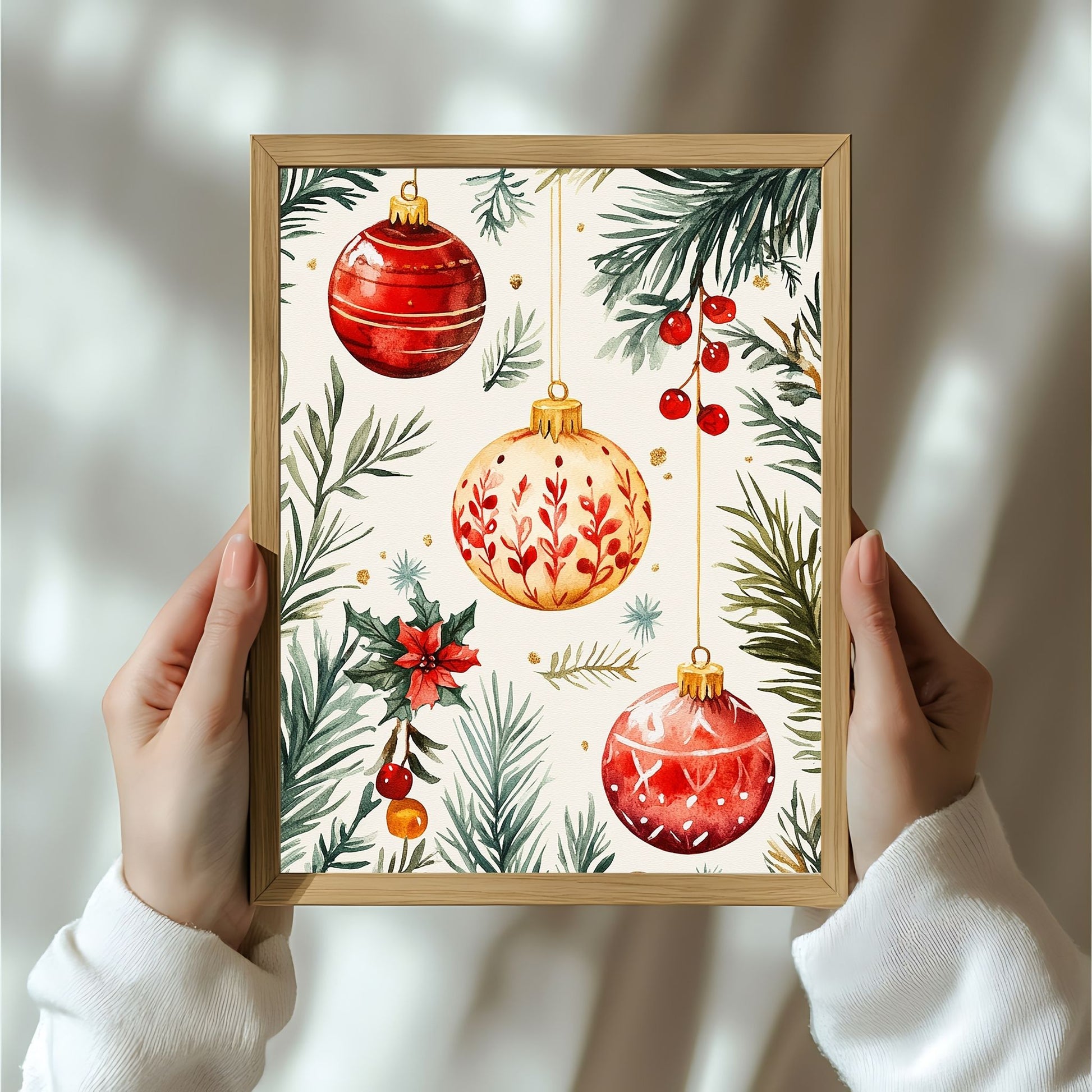 Motivene fra Vintage Jul kombinerer klassiske julekuler i rødt, gull og blått med delikate detaljer av vintergrener, kristtorn og snøfnugg. Illustrasjon viser motivet som plakat i ramme.