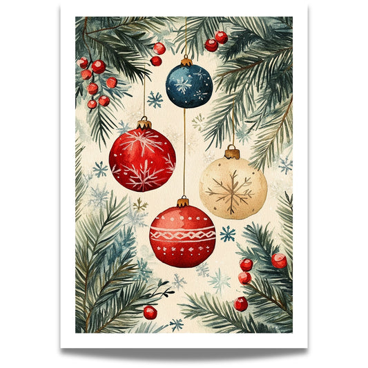 Motivene fra Vintage Jul kombinerer klassiske julekuler i rødt, gull og blått med delikate detaljer av vintergrener, kristtorn og snøfnugg.  