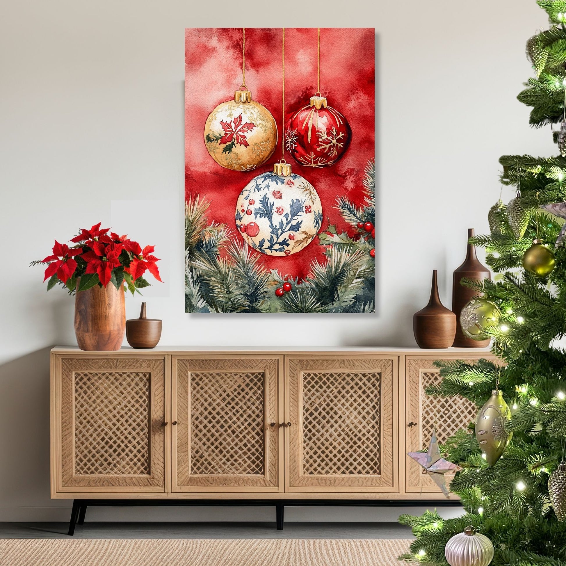 Motivene fra Vintage Jul kombinerer klassiske julekuler i rødt, gull og blått med delikate detaljer av vintergrener, kristtorn og snøfnugg. Illustrasjon viser motivet på lerret.